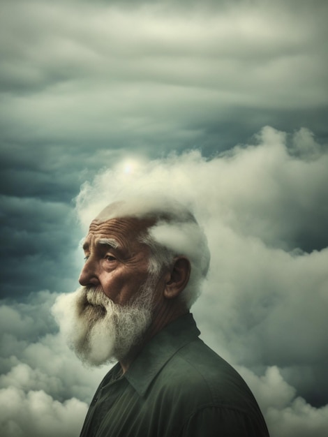 Foto un hombre con la cabeza en las nubes