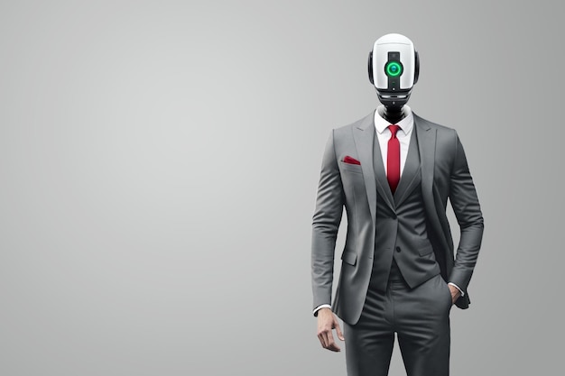 Hombre con cabeza de robot robot cyborg en chaqueta gris sobre fondo gris Concepto ai conflicto con la humanidad cortes de trabajo ilustración 3D renderizado 3D