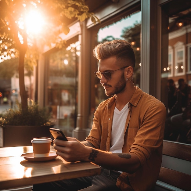 un hombre en un café con un teléfono y café