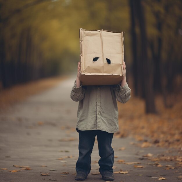 un hombre con una caja en la cabeza está caminando por un camino