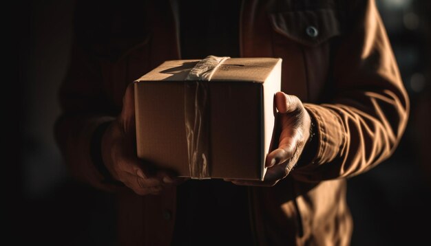Un hombre con una caja de regalos envuelta celebrando un cumpleaños generado por inteligencia artificial