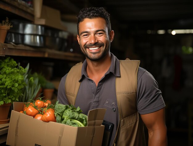 Un hombre con una caja de verduras