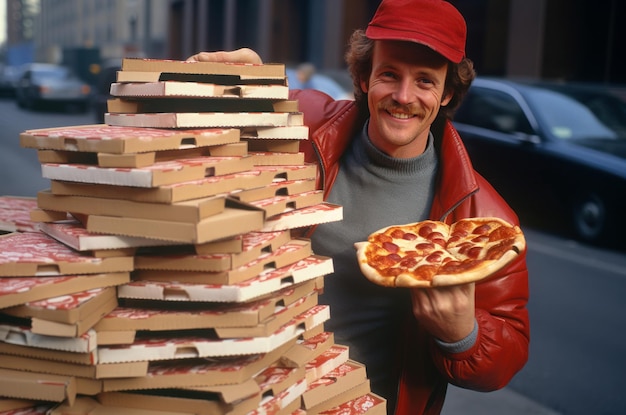 Hombre cajas de pizza apiladas en la mano pancarta Generar IA