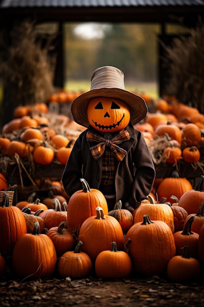 Hombre calabaza en el campo de calabazas