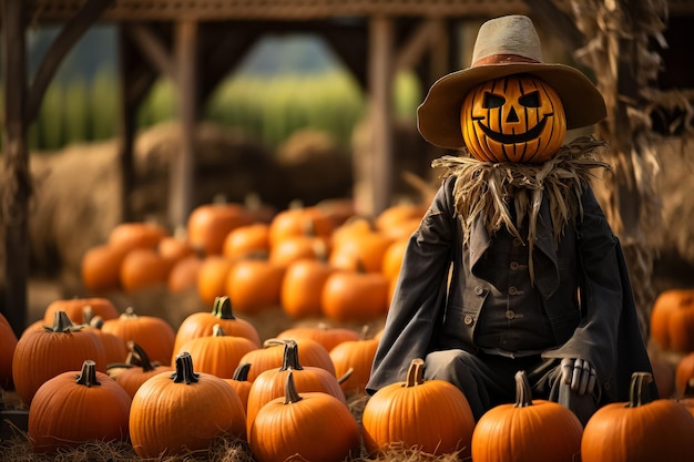 Hombre calabaza en el campo de calabazas