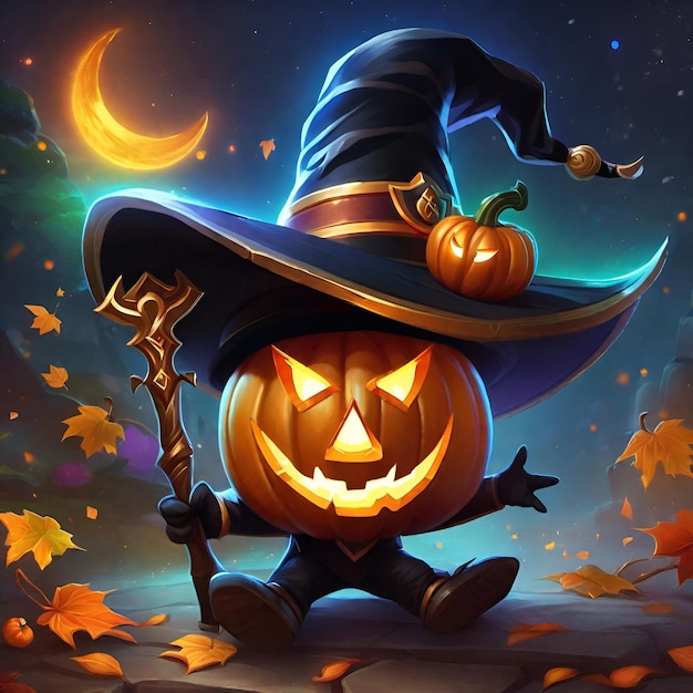 Foto hombre calabaza con sombrero de mago y trajes en tema de halloween