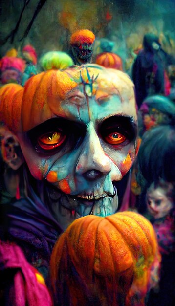 un hombre con calabazas de Halloween en la cara está rodeado de otras personas