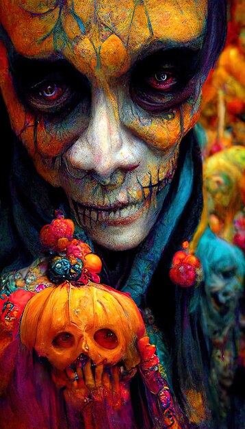 un hombre con calabazas de Halloween en la cara y los ojos están pintados