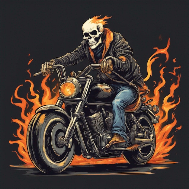 Hombre de calavera con diseño de camiseta de moto de fuego