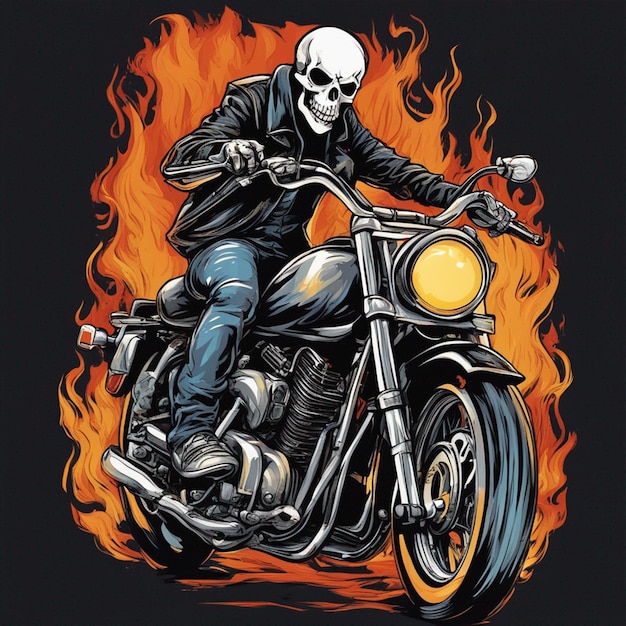 Hombre de calavera con diseño de camiseta de moto de fuego