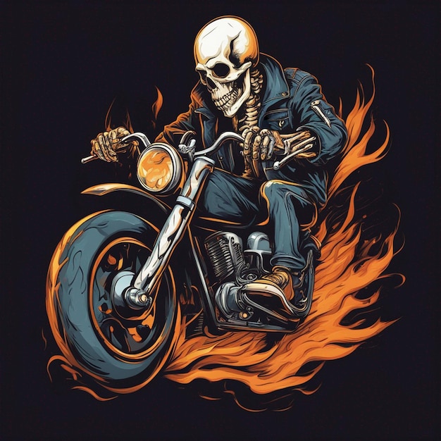 Hombre de calavera con diseño de camiseta de moto de fuego