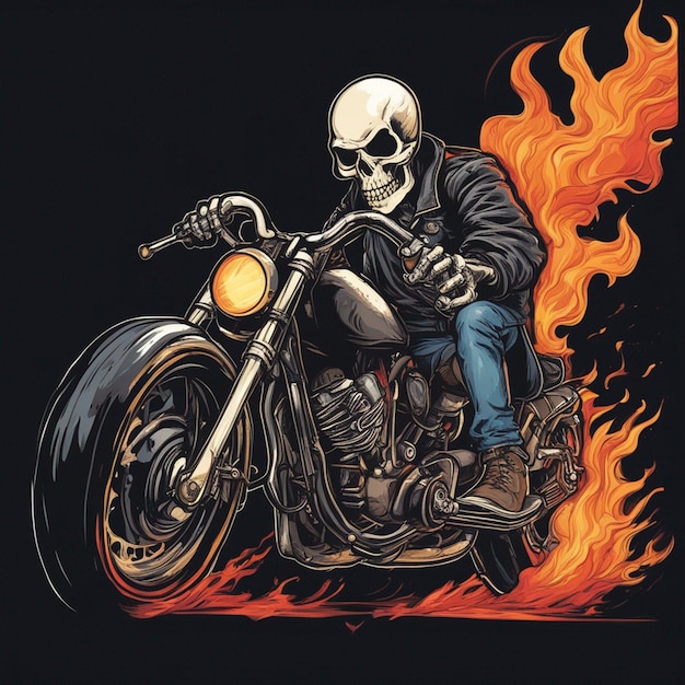 Foto hombre de calavera con diseño de camiseta de moto de fuego