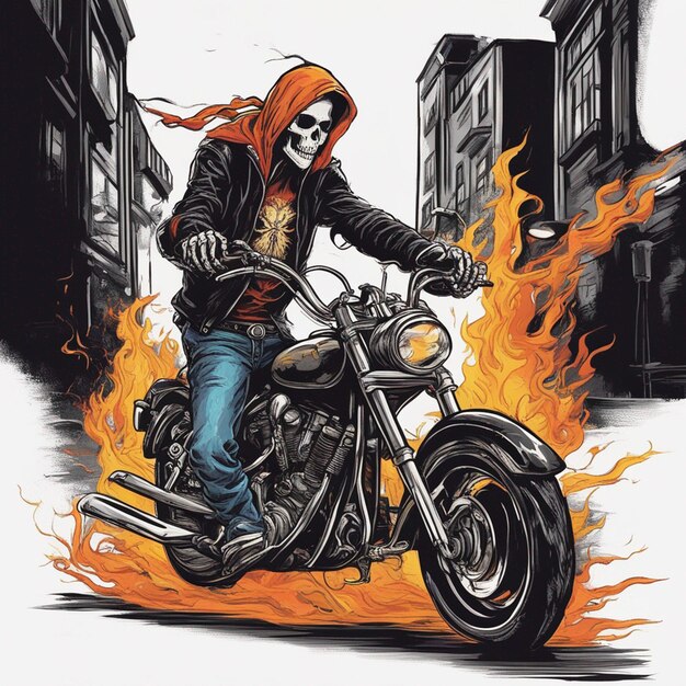 Hombre de calavera con diseño de camiseta de moto de fuego