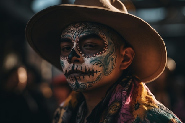 Un hombre con una calavera pintada en la cara y un sombrero que dice día de muertos.