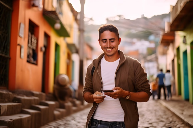 Hombre en la calle Colombia usando el estilo de vida digital del teléfono celular