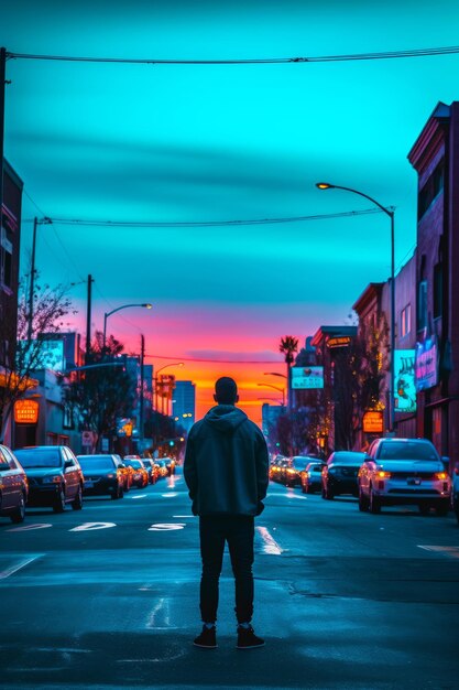 Un hombre se para en una calle frente a un cielo colorido con un cartel que dice la.