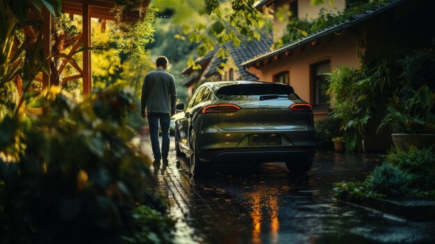 Hombre en una calle lluviosa cerca de la casa con su lujoso coche eléctrico ecológico verde