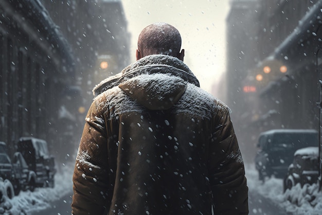 Un hombre se para en una calle nevada en la nieve.