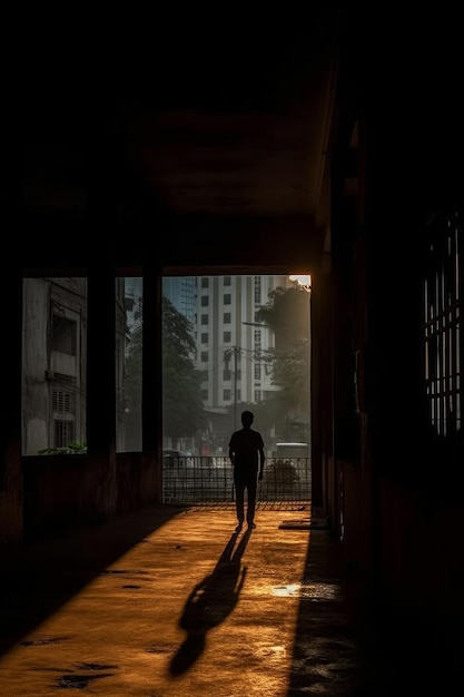 Un hombre se para en un callejón oscuro con el sol brillando en su rostro.