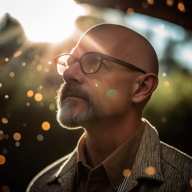 Foto un hombre calvo con gafas y barba se para frente a una ventana con el sol brillando detrás de él.