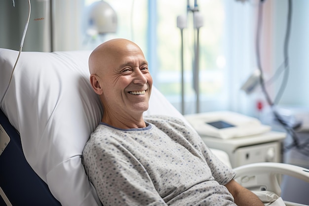 Hombre calvo maduro sonriendo en la cama del hospital de cáncer