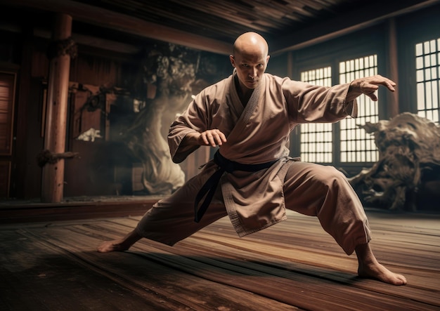 Un hombre calvo practicando artes marciales en un dojo.