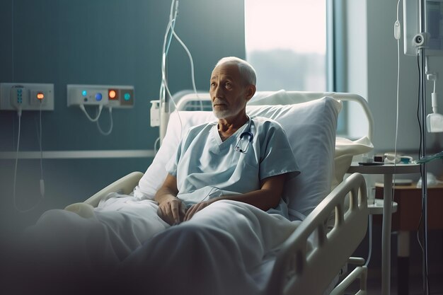 Foto un hombre en una cama de hospital con una manta azul en el pecho se sienta en una cama de hospital