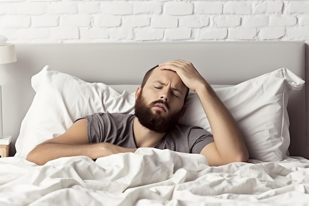 Hombre en la cama con resaca después de beber alcohol Generado por IA