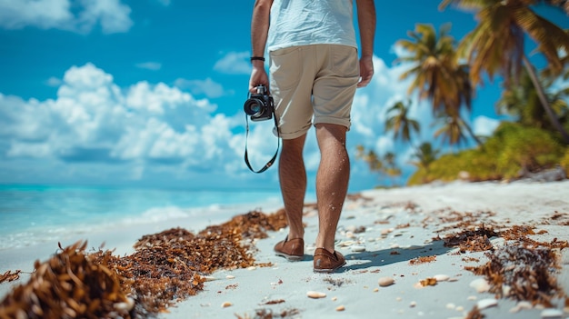 Hombre con cámara caminando por una playa tropical bajo un cielo soleado