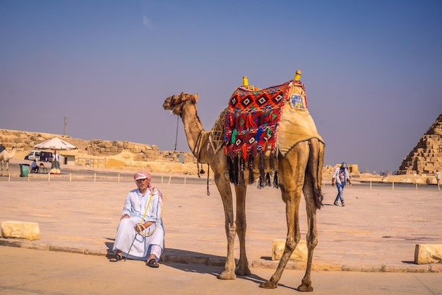 Un hombre y un camello en las pirámides de Giza, el monumento funerario más antiguo del mundo en la ciudad de El Cairo Egipto