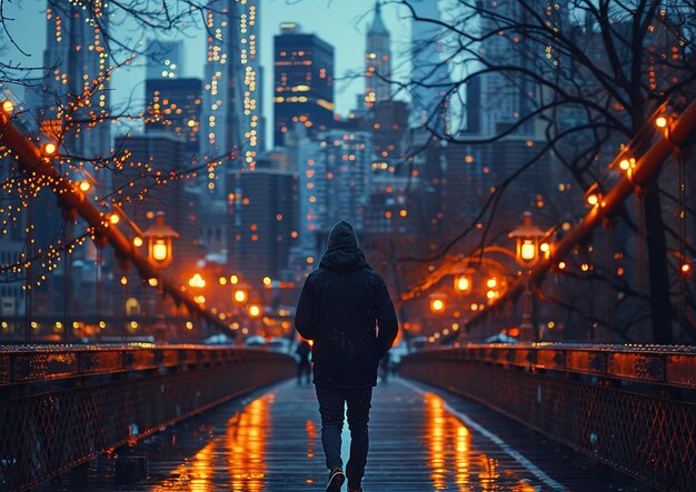 un hombre camina por una acera húmeda bajo la lluvia