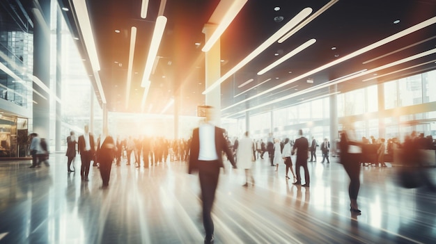 un hombre camina por un aeropuerto ocupado con un fondo borroso de luces.