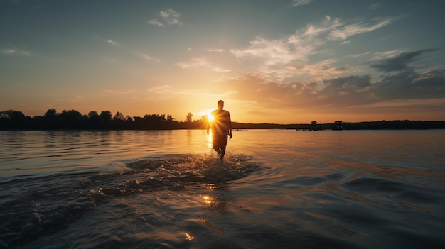 Un hombre camina en el agua al atardecer.