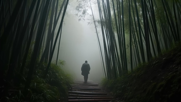 Un hombre camina por un bosque de bambú con la luz brillando a través de los árboles.