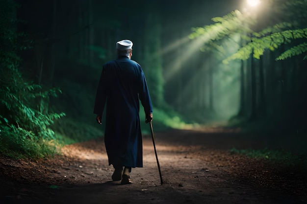 Un hombre camina por un bosque con un bastón.