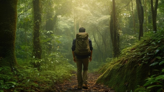 Un hombre camina por un bosque con una mochila a la espalda.