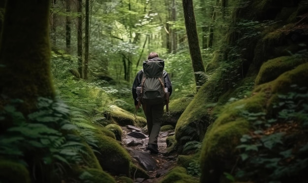 Un hombre camina por un bosque con una mochila a la espalda.