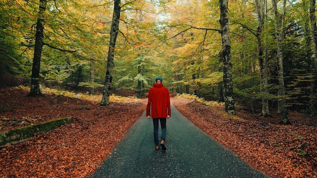 El hombre camina en el bosque de otoño