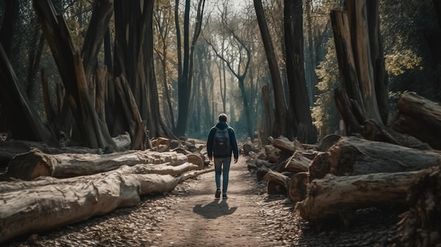 Un hombre camina por un bosque con el sol brillando sobre su espalda.