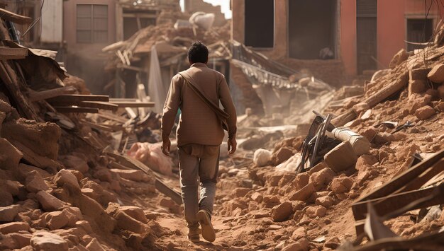 Foto un hombre camina por una calle con edificios demolidos por la guerra generada por la ia