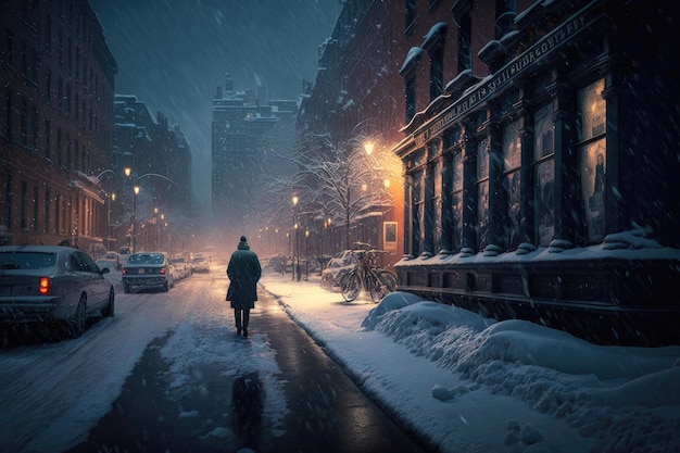 Un hombre camina por una calle nevada en la nieve.