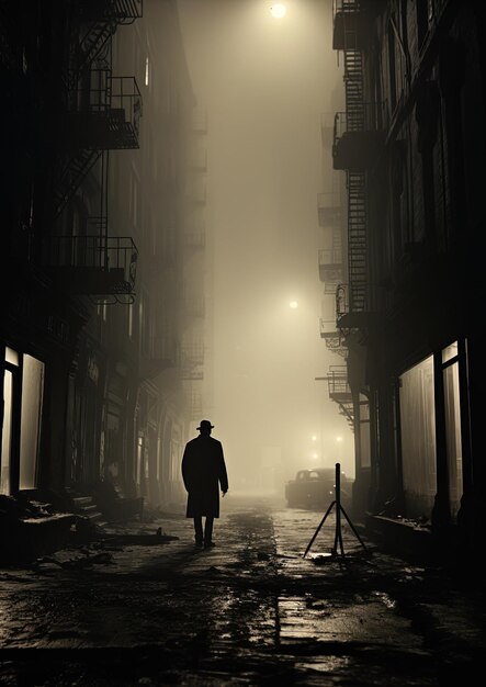 un hombre camina por una calle en la niebla