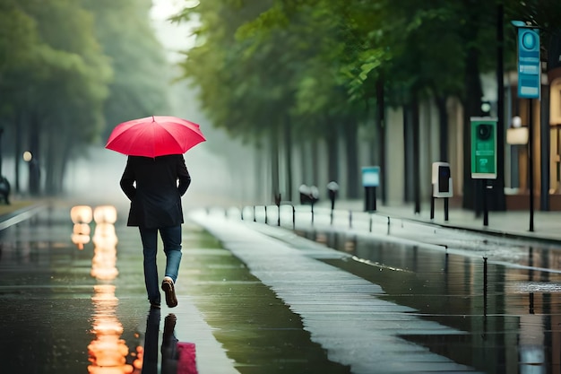 Un hombre camina por una calle con un paraguas bajo la lluvia.