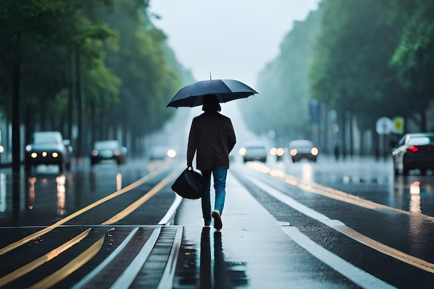 un hombre camina por la calle con un paraguas bajo la lluvia.