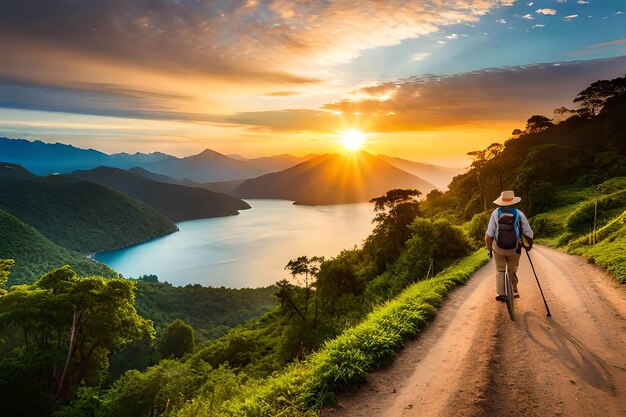 Un hombre camina por una calle con una puesta de sol de fondo.