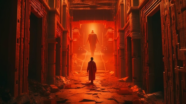 Un hombre camina por un callejón estrecho con una estatua de un hombre con un abrigo rojo.