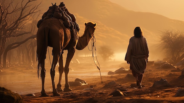 Un hombre camina con un camello por el desierto.