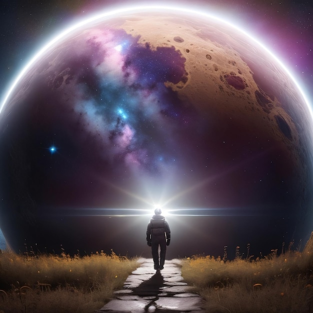 Un hombre camina por un camino frente a un planeta con una luz rosa y azul.
