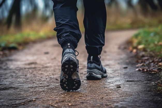 un hombre camina por un camino húmedo bajo la lluvia.