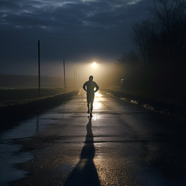 un hombre camina por un camino mojado con el sol brillando en su espalda.